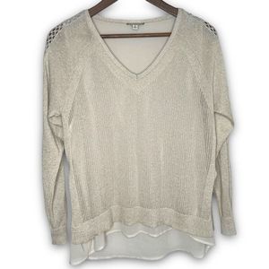 Lucky Brand Women's Cream Metallic Mixed Media Crochet V-Neck Sweater‎ Medium